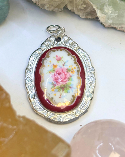 Japanese Burgundy Flowers Silver Spoon Charm
