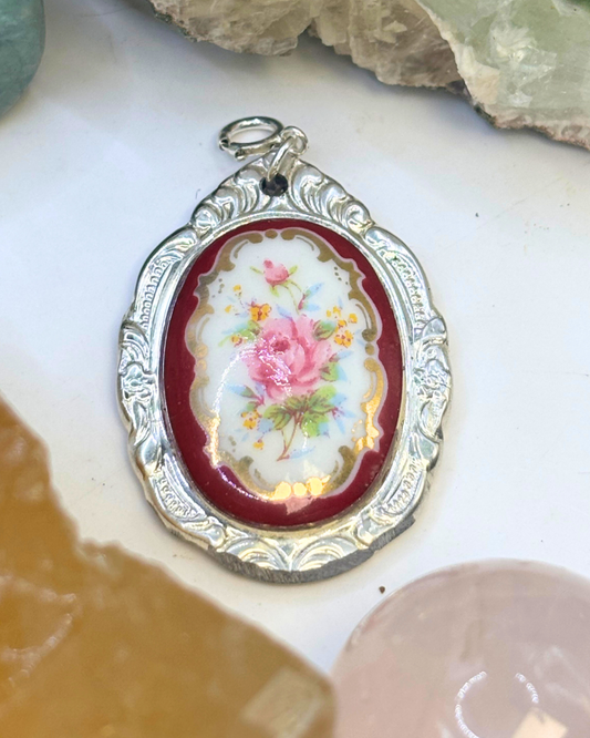 Japanese Burgundy Flowers Silver Spoon Charm