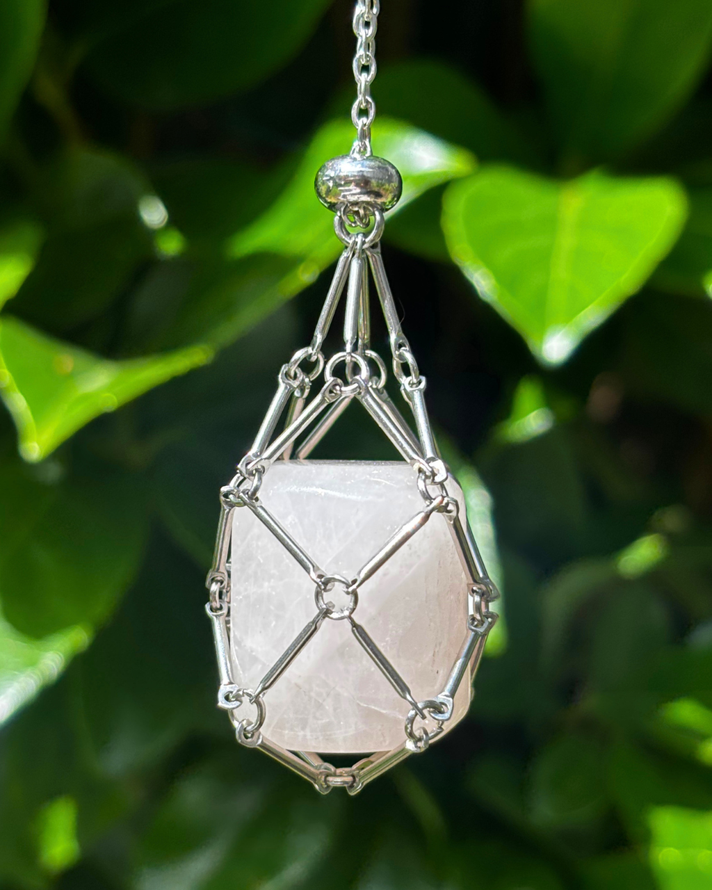 Long Silver Crystal Pouch Necklace