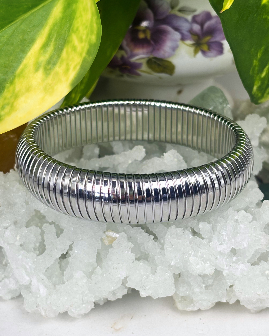 Large Silver Vintage Inspired Snake Bone Stretchy Bracelet 16mm
