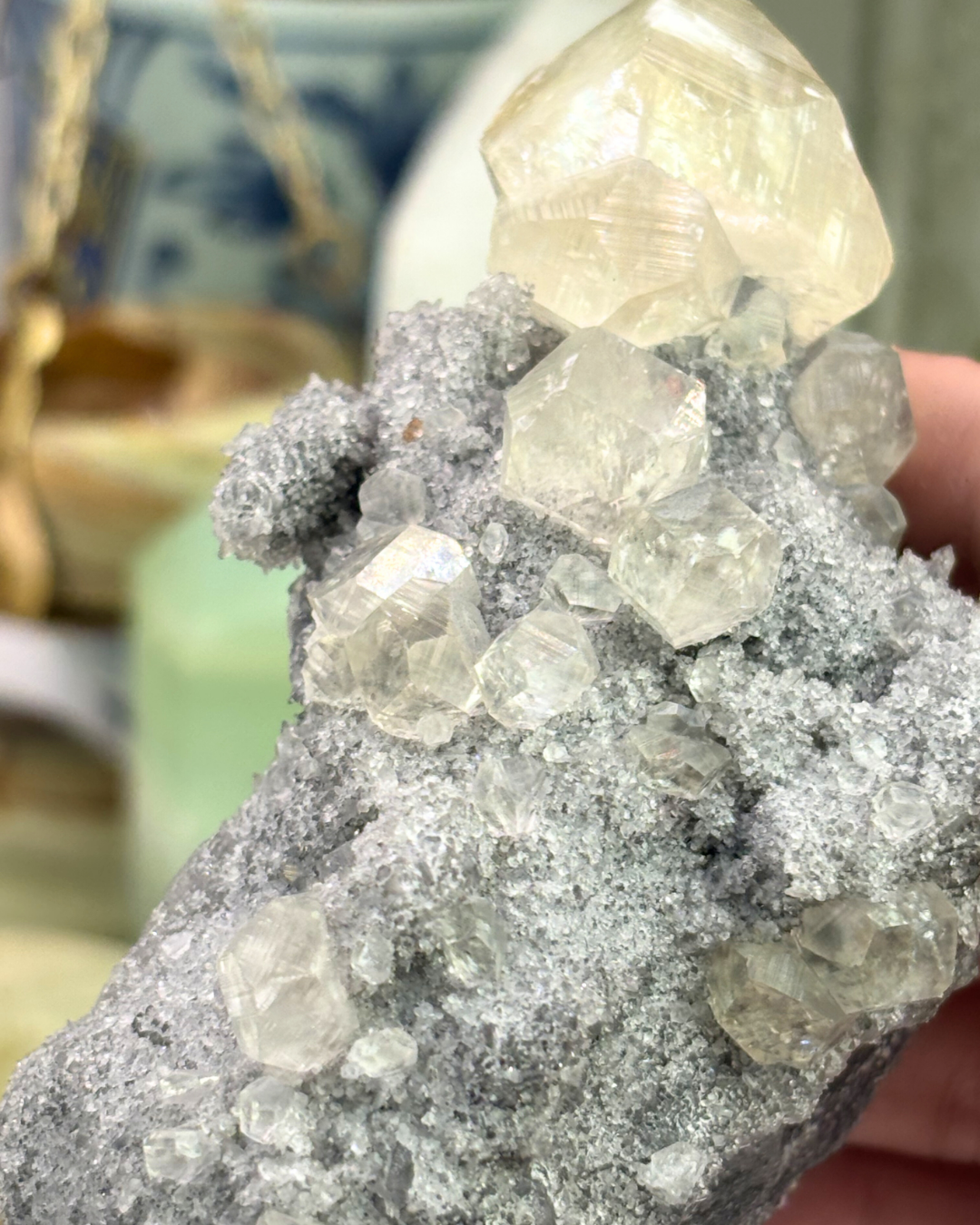 Diamond Calcite on Druzy Quartz Specimen
