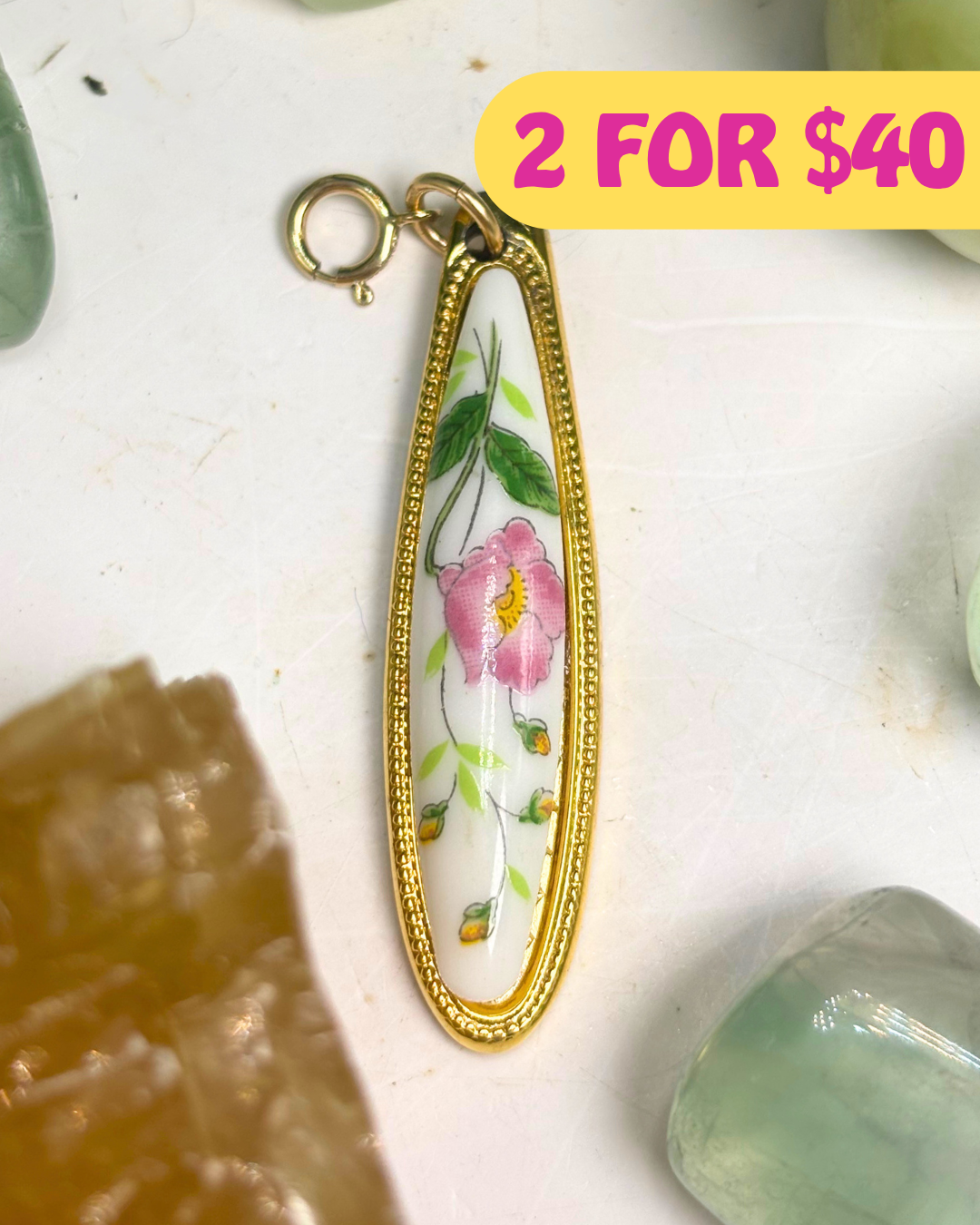 Gold Pink Rose Teardrop Spoon Charm