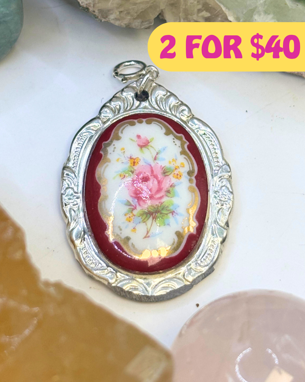 Japanese Burgundy Flowers Silver Spoon Charm