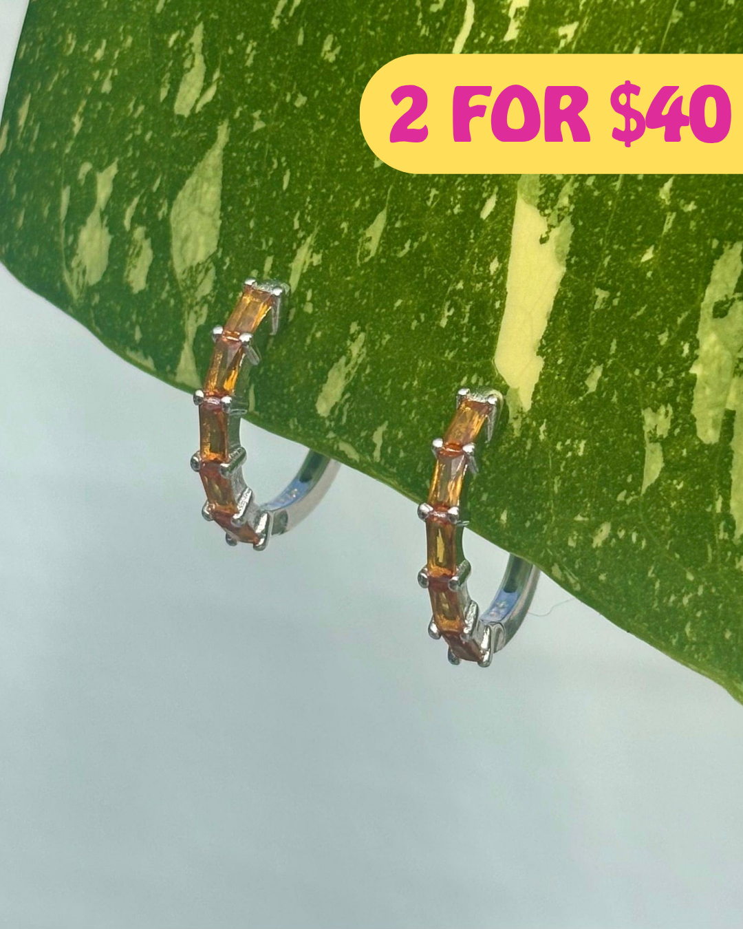 Orange Zirconia Silver Huggie Earrings