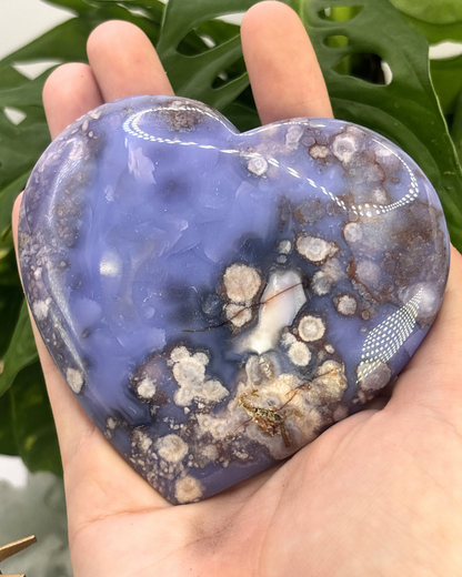 Large Blue Flower Agate Heart with Gold Stand