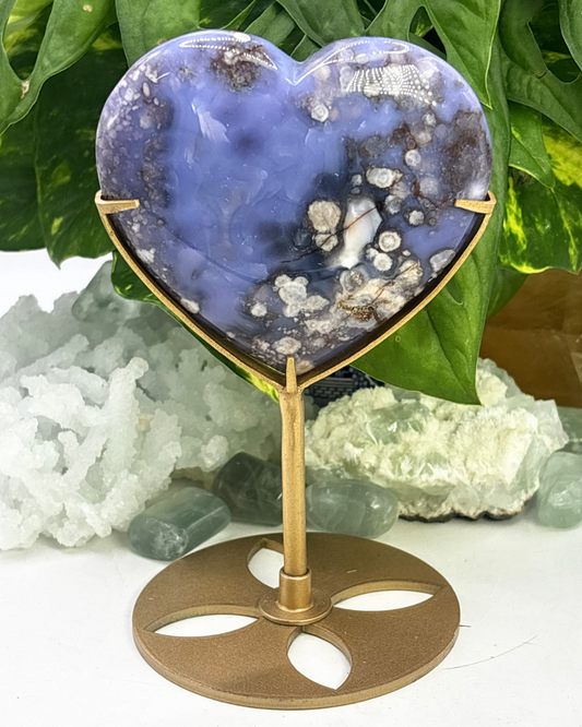 Large Blue Flower Agate Heart with Gold Stand
