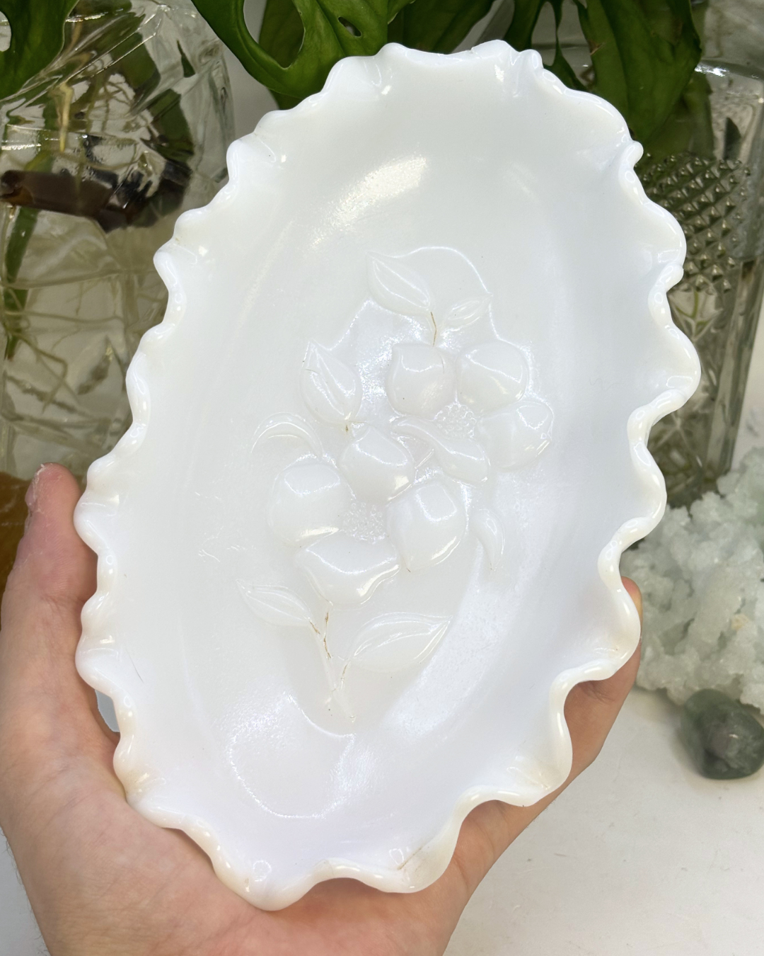 Vintage Milk Glass Trinket Dish with Ruffled Edge