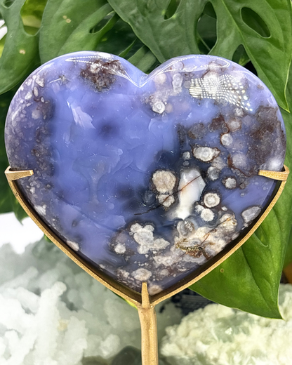 Large Blue Flower Agate Heart with Gold Stand