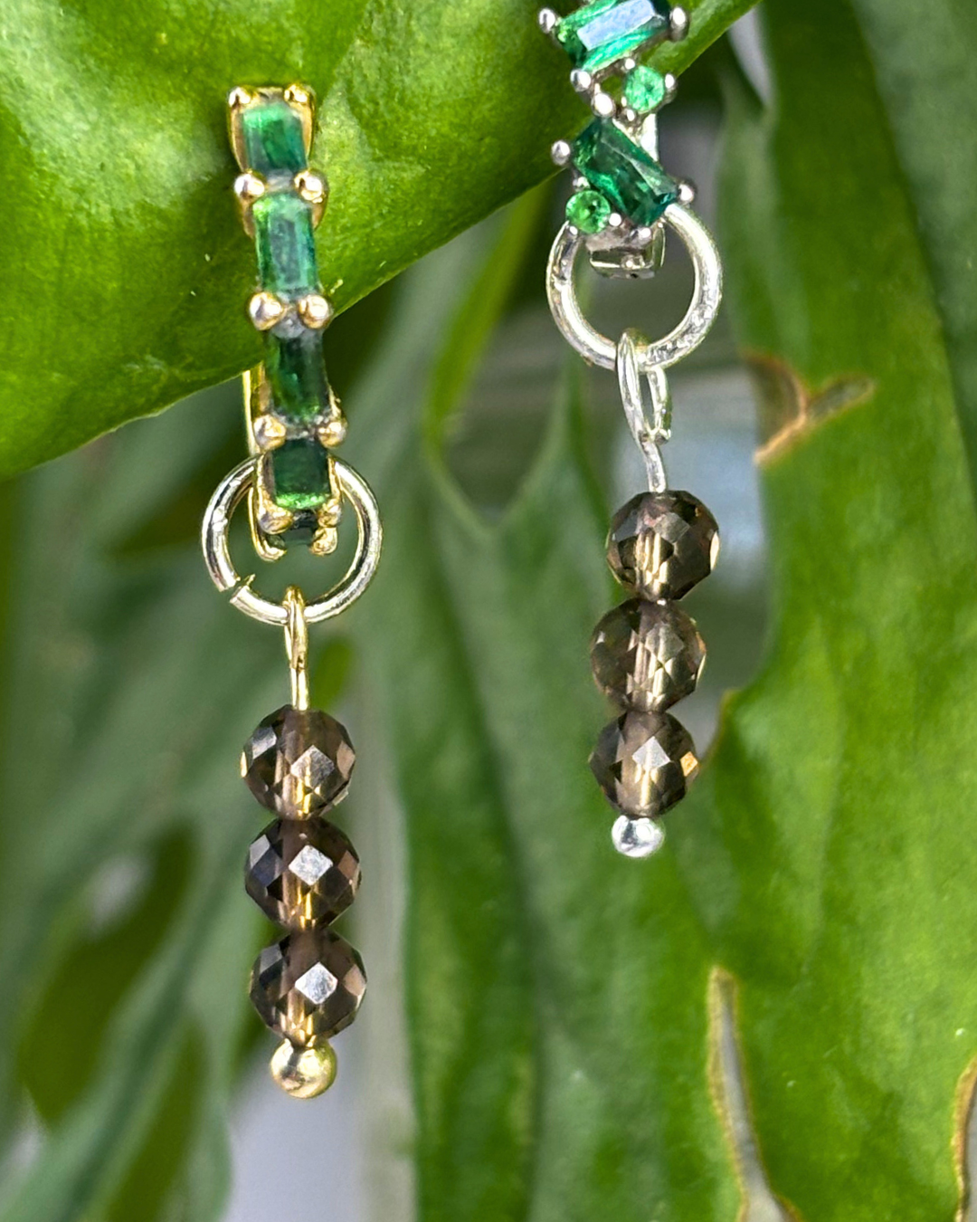 Smokey Quartz Triple Dew Drop Charms PAIR