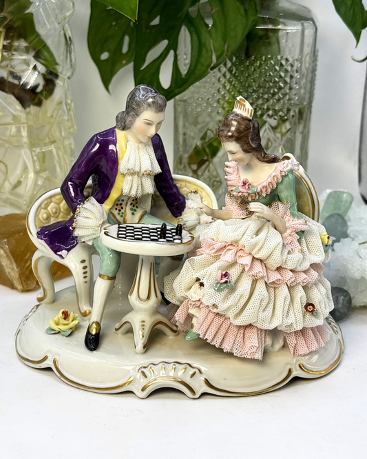 Antique Dresden Frankenthal Couple Playing Chess German Porcelain Figurine