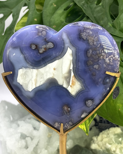 Large Blue Flower Agate Heart with Gold Stand