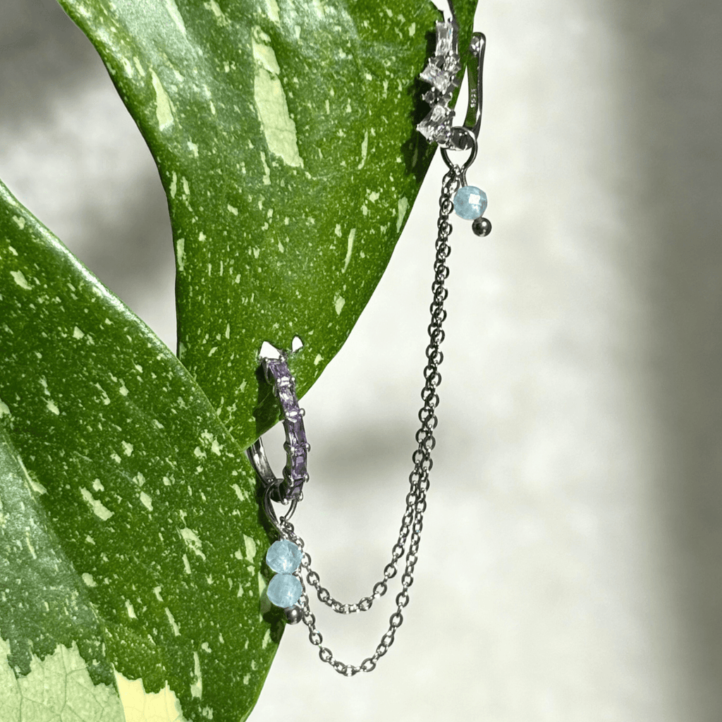 The Guide Crystals Silver | 1 PC Single Aquamarine Cordellia Chain Crystal Earring Charm