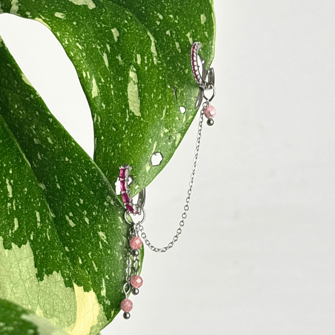 The Guide Crystals Silver | 1 PC Single Rhodochrosite Waterfall Earring Chain