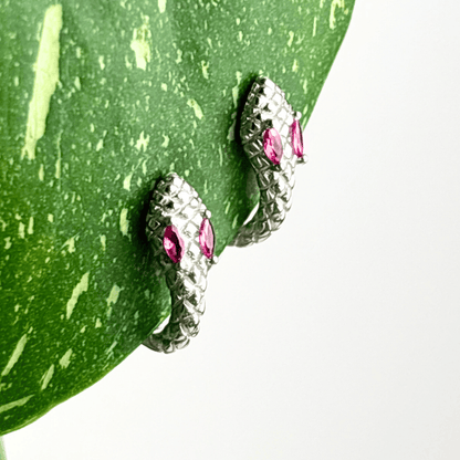 The Guide Crystals Rose Snake Zirconia Silver Huggie Earrings